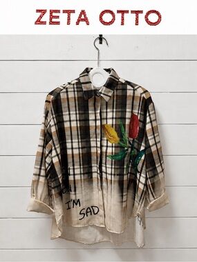 ZETA OTTO Oversized Plaid Floral Shirt One Size